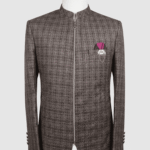 Micro-Check Zip-Up Coat with Silver Accents – Premium Iranian Fabric