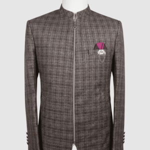 Micro-Check Zip-Up Coat with Silver Accents – Premium Iranian Fabric